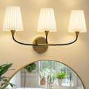 Lanxithen Bathroom Light Fixtures Over Mirror, 3 Light Vanity Light for Bathroom, Black Gold Vanity Light Fixtures with Flared Ivory White Fabric Shade, E26 Socket Modern Sconce Wall Decor(ETL Listed)