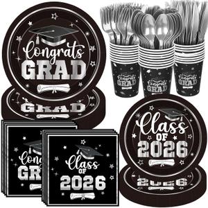 Funnymoom 400 Pcs Graduation Party Supplies Class of 2026 Graduation Paper Plate Napkin Cup Cutlery Congrats Grad Disposable Tableware Set for Grad Party Decorations, Serve 50 (Black)