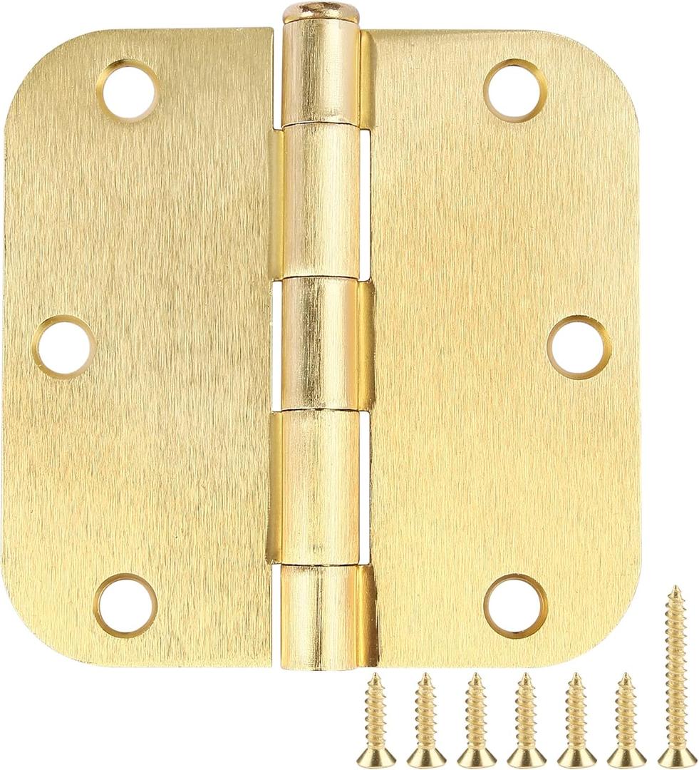 Door Hinges Satin Brass 3.5 Inch x 3.5" Interior Gold Door Hinges for Doors 18 Pack Brushed Brass Door Hinge 3-1/2" Rounded 5/8" Radius Corners Bedroom Residential Standard Indoor Door Hardware Hinge