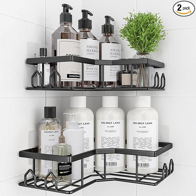 QHMCHLDZ Adhesive Shower Caddy, 2 Pack Corner Bath Organizer, Rustproof Stainless Steel Shower Shelves with Large Capacity, No Drilling Shelves for Bathroom Storage, Home, Kitchen Décor