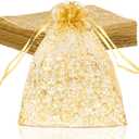 Staruby Organza Gift Bags 50 Pcs Gold Sheer Organza Bag 6x8 Inch Mesh Favor Bags Drawstring Jewelry Rattan Printed Gift Pouches for Wedding Party Favors Couple Shower Christmas Gifts Candy Bags