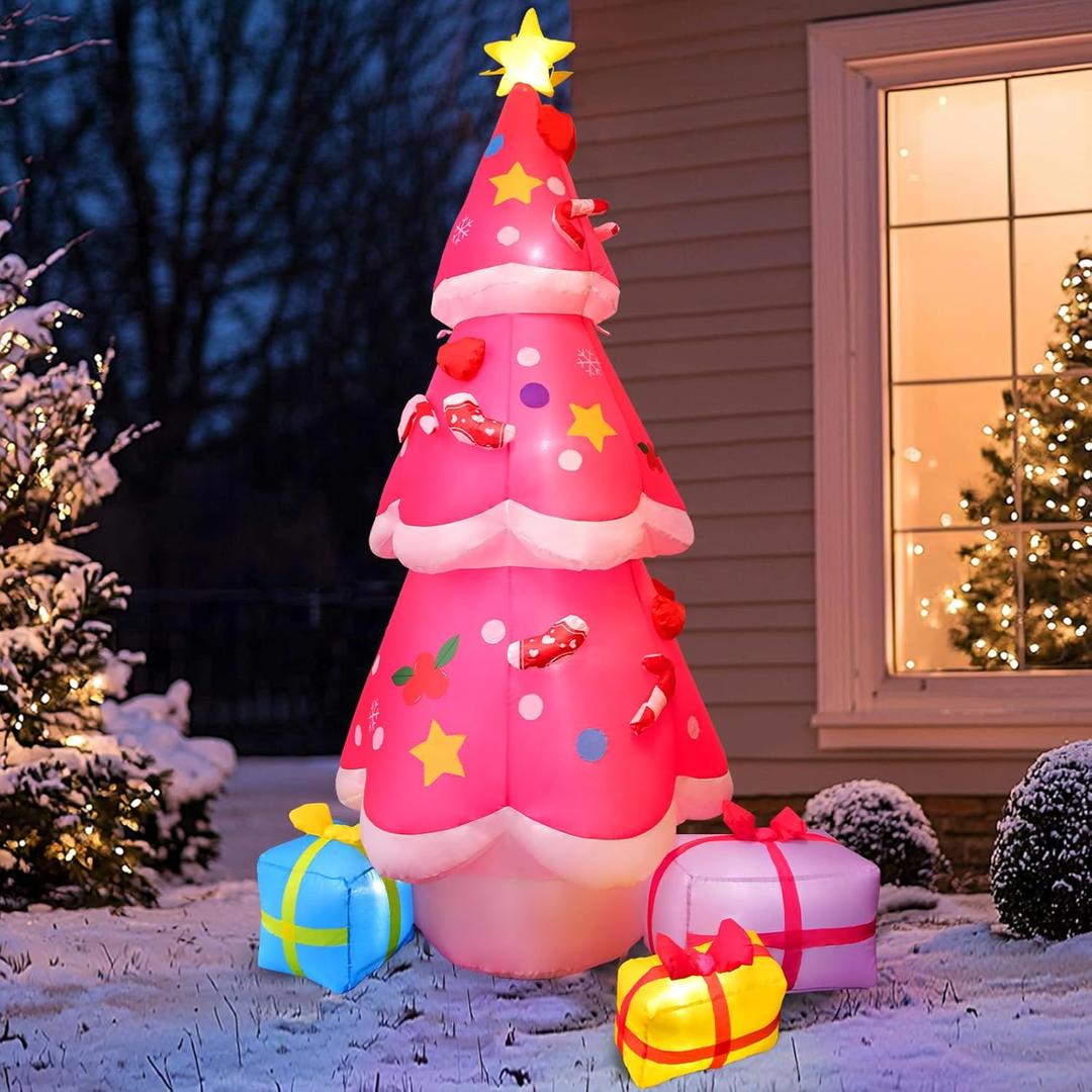 7 FT Inflatables Christmas Tree Pink Decoration Outdoor, Giant Christmas Inflatable Blow Up Tree Yard Decorations with LED Light, Large Indoor Outdoor Garden Lawn Decor Props for Holiday Xmas Party