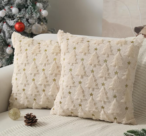 Allorry Christmas Pillow Covers 18 x 18 inch Set of 2 Beige Christmas Tree Pillow Covers Decorations Plush Faux Fur Soft Cushion Case for Winter Xmas Holiday Home Bedroom Sofa