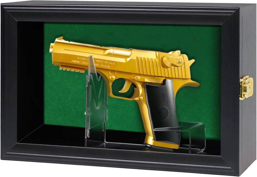 1 Handgun Pistol Revolver Gun Display Case Wall Mount Lockable Black Felt Wood Cabinet w/ 98% UV Protection Acrylic Clear Door Gun Shadow Box Stand Rack Holder