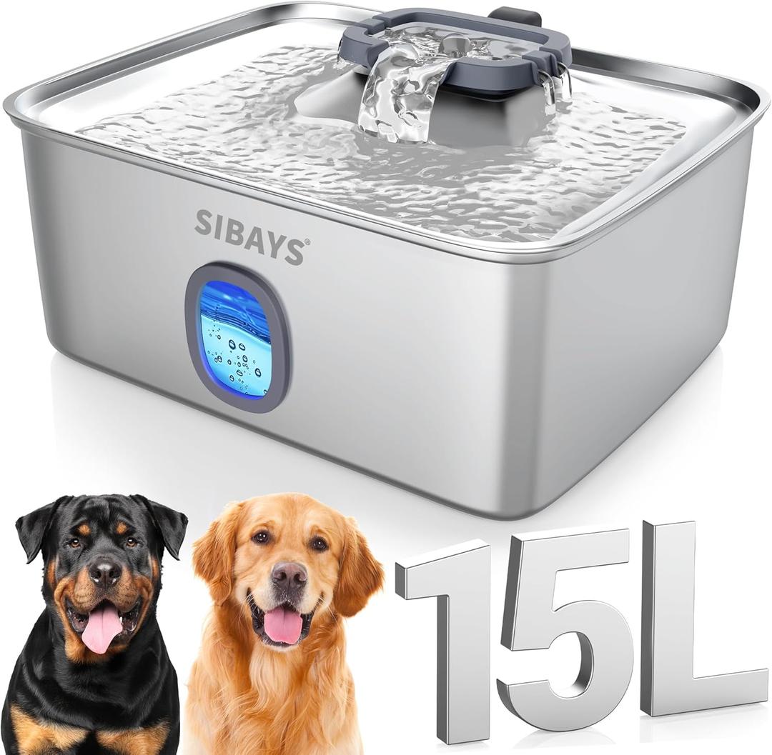 SIBAYS 4Gal/15L Large Dog Water Fountain, Stainless Steel Pet Fountain with Water Window & LED Light, Ultra Quiet Automatic Dog Water Bowl Dispenser for Large Dogs & Multi-pet, Easy to Clean FS76