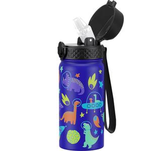 GOPPUS Kids Water Bottle (Straw Lid)  14 Oz Stainless Steel Travel Bottle, Double Wall Vacuum Leak Proof Kids Cup for School Boys Girls,Space dinosaur