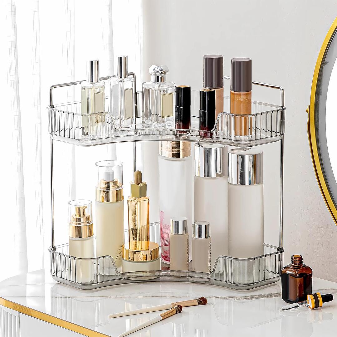 Corner Bathroom Counter Organizer Bathroom Countertop Shelf Makeup Organizer for Vanity Perfume Tray for Corner Storage (2 Tiers, Grey)