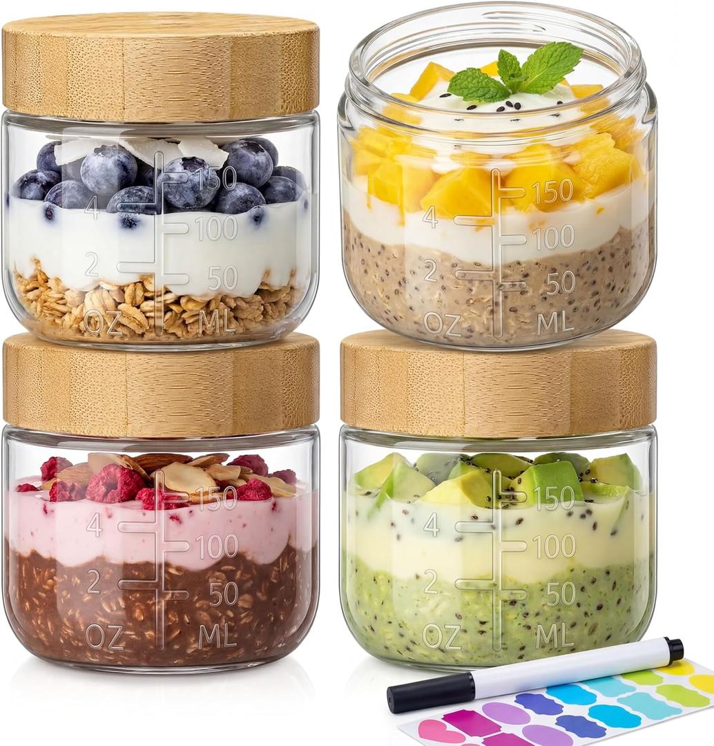 6oz Glass Jars with Airtight Lids - 4 Pack Overnight Oats Containers with Bamboo Lids, Small Food Containers with Measurement for Yogurt, Salad, Chia, Wide Mouth Mason Jar with Lid for Food Storage