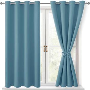 Hiasan Blackout Curtains for Bedroom, 52 x 54 Inches Long - Thermal Insulated & Light Blocking Window Curtains for Living Room, 2 Drape Panels Sewn with Tiebacks, Stone Blue