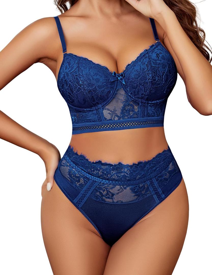 Avidlove Lingerie Sets for Women Bra and High Waist Panty Sets 2 Piece Lace Babydoll Outfits Navy Blue M