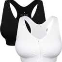 Women's Zip Front Sports Bra Wireless Post-Surgery Bra Active Yoga Sports Bras (Large, Black+White-2 Pack)