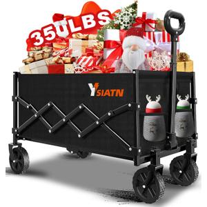 Collapsible Wagon Cart Foldable with 350lbs Weight Capacity, Lightweight Utility Shopping Cart with Wheels, Folding Grocery Wagon Carts Portable for Beach Garden Sports and Camping, Black