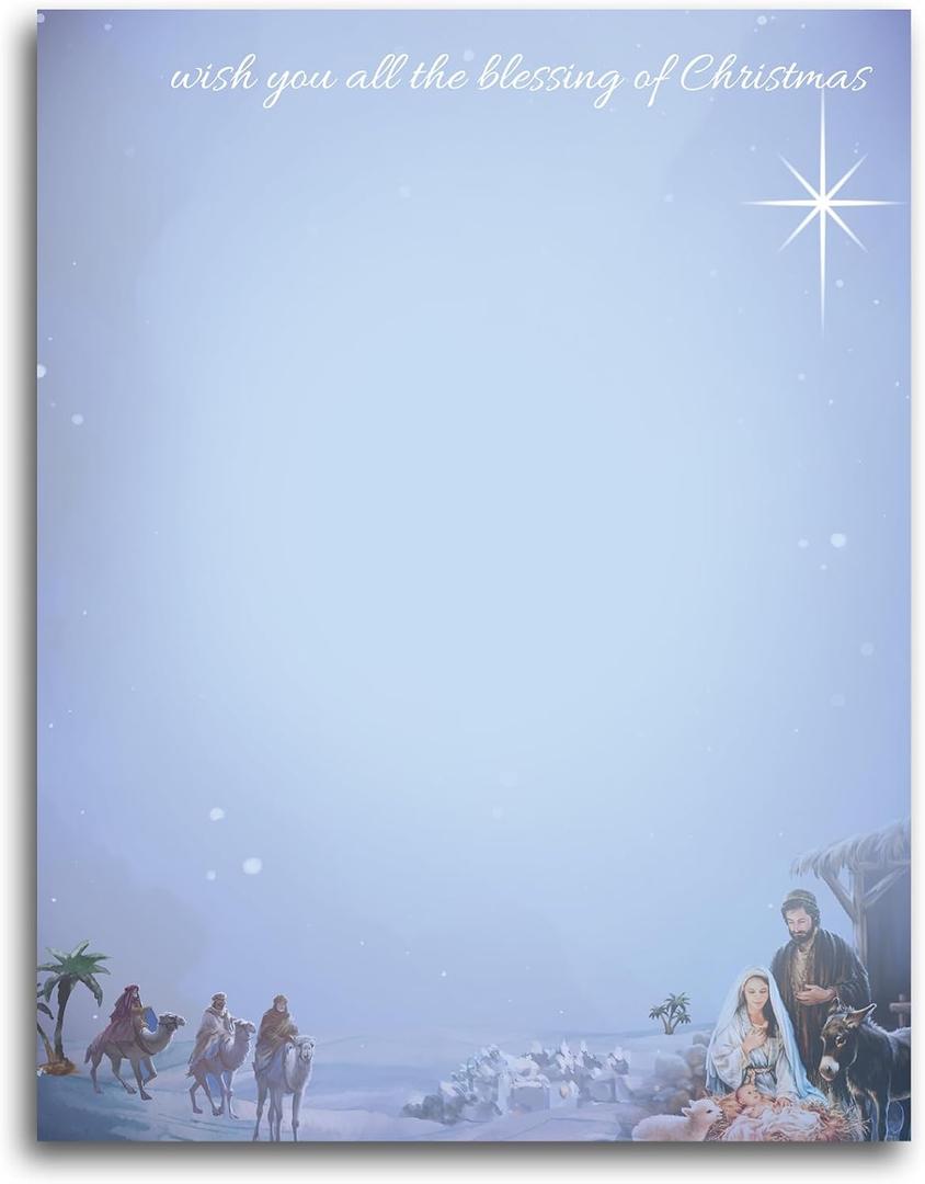 100 PCS Nativity Scene Letterhead Birth of Jesus Christmas Border Computer Paper Santa Stationery paper for Note Letters to Santa Holiday Printer Paper Invitations Office School 8.5 x 11 In
