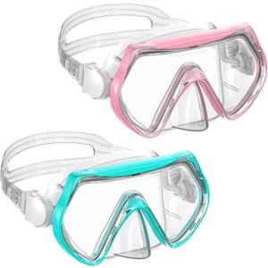 Kids Swim Goggles, Swimming Snorkel Diving Mask with Nose Cover for Youth 6-14 Tempered-Glass Panoramic View (Blue+pink)
