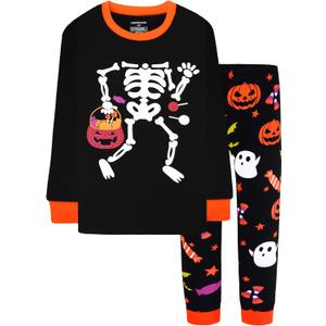 DAUGHTER QUEEN Boys & Girls 100% Cotton Holiday Pajamas, Halloween Christmas Sleepwear 18M-12Y (2pcs-black/Glow in Dark-skeleton-hba24)