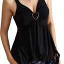 Women's Peplum Y2k Goth V Neck Ruched Asymmetrical Lace Tank Tops | Babydoll, Heart Ring, Flowy Shirts, Date Night, Club, Party (Black, S)