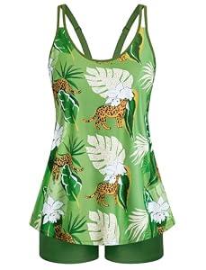 Arolina Bathing Suits for Women Plus Size Flowy Tankini Sets Adjustable Straps Swimsuit Army Green Leopard Print 18W