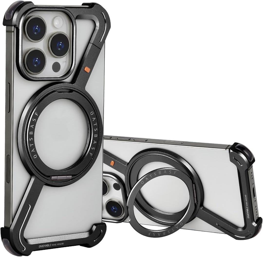 OATSBASF Minimalist Phone Case Compatible with iPhone 16 Pro Max 6.9", 360 Rotation Kickstand Aluminum Metal Frameless Design Bumper Z Case, Protective Shock Grade Shell, Black