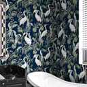 ReWallpaper 17.5in X 39ft Peel and Stick Wallpaper Vintage Dark Botanical Wall Paper Removable Navy White Crane Wallpaper for Bathroom Bedroom Living Room Self Adhesive Renter Friendly Contact Paper