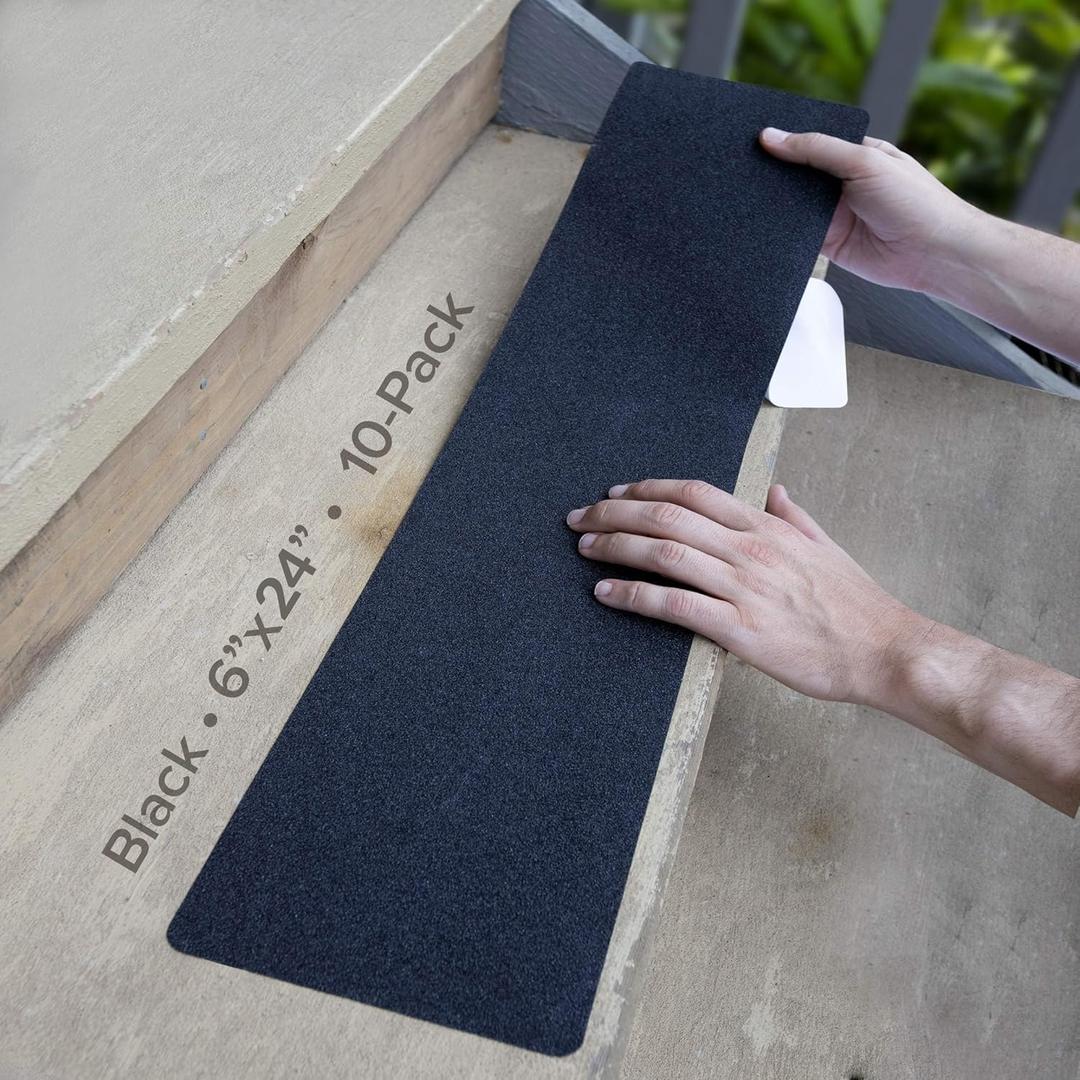 LifeGrip Anti Slip Traction Treads (10-Pack), 6 inch X 24 inch, Best Grip Tape Grit Non Slip, Outdoor Non Skid Tape, High Traction Friction Abrasive Adhesive for Stairs Step, Black