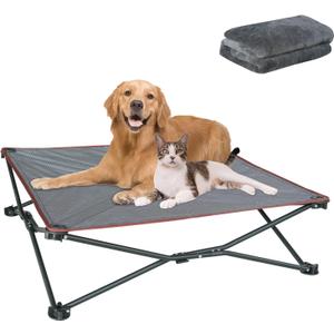 unp Foldable Dog Bed Pop up - 36 x 36 x 10 inch Elevated Pet Cot Outdoor Breathable - Removable Plush Pad & Carrying Bag Raised Dog Camping Bed (Grey, L PRO)