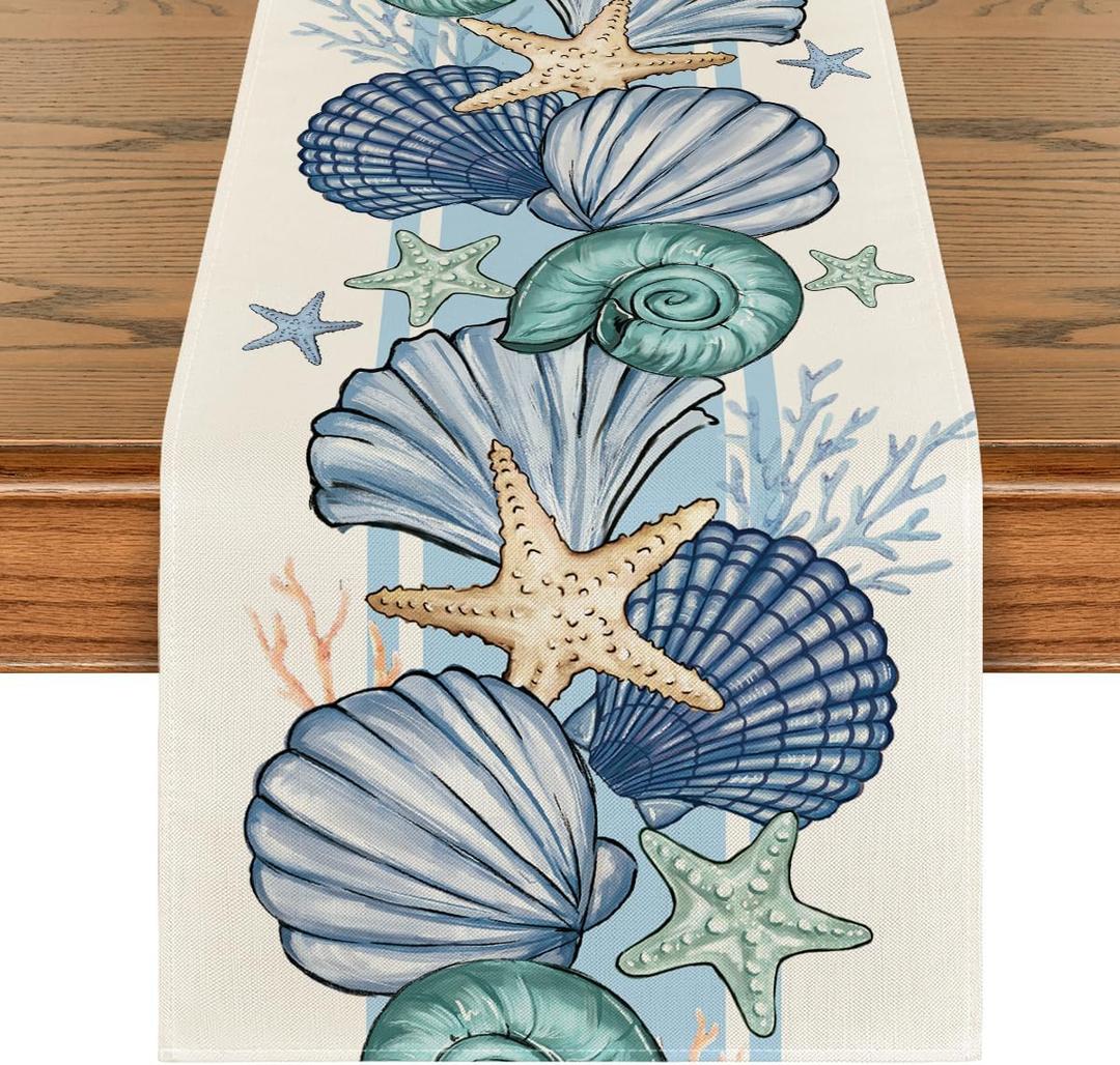 Artoid Mode Sea Shell Starfish Summer Table Runner,Spring Ocean Kitchen Dining Table Decoration for Home Party Decor 13x72 Inch