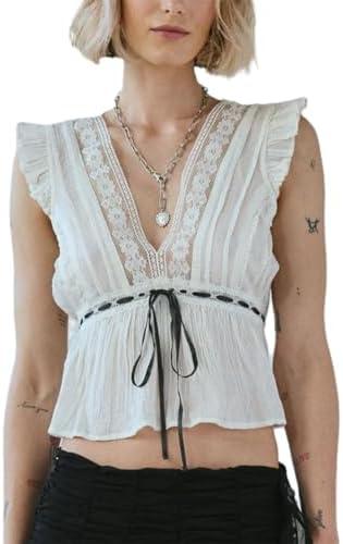 Women Lace Trim Shirts Sleeveless V Neck Flutter Sleeve Tie Front Cropped Tank Tops Slim Fit Going Out Tops S