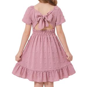 Noubeau Girls Summer Dress Tween Kids Short Sleeve Tie Back Off Shoulder Elegant Dresses 13-14 Years (Pink)