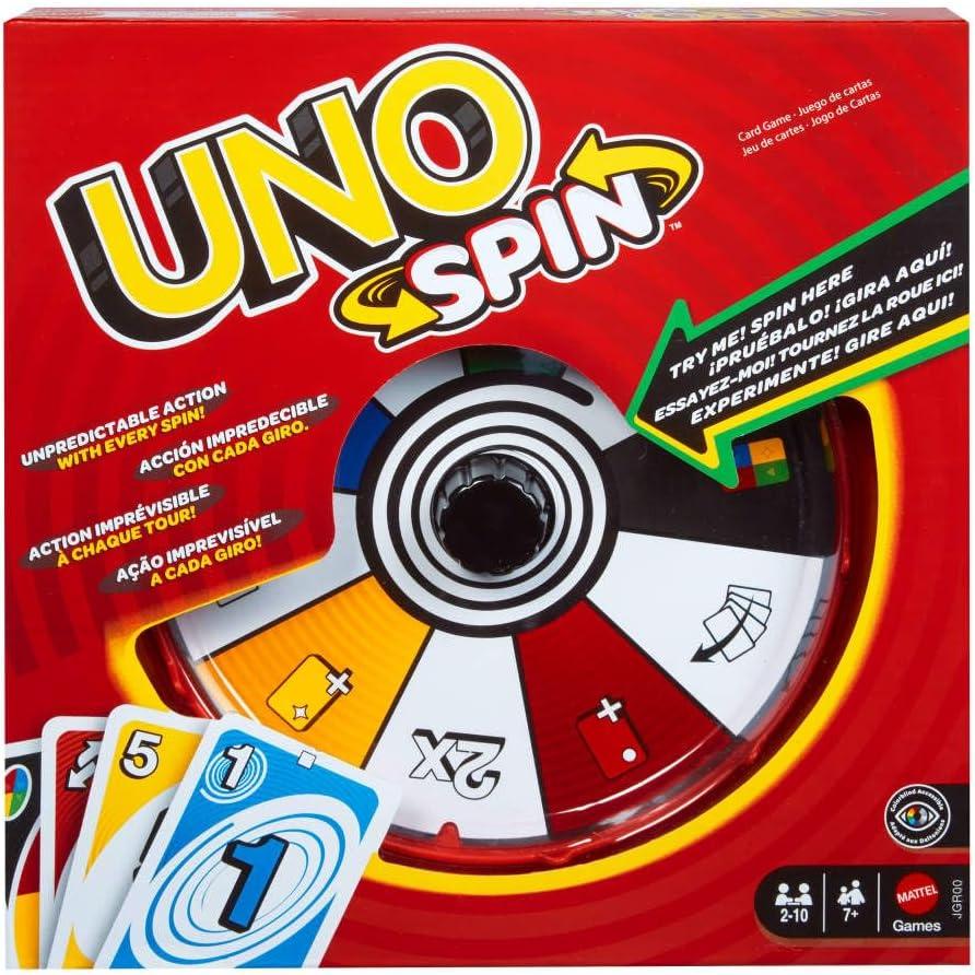 Mattel Games UNO Spin Card Game for Kid, Adult & Family Nights, Classic Play with Toy Spinner, New Challenges & Rules, Rainy Day Activity (Multicolor)