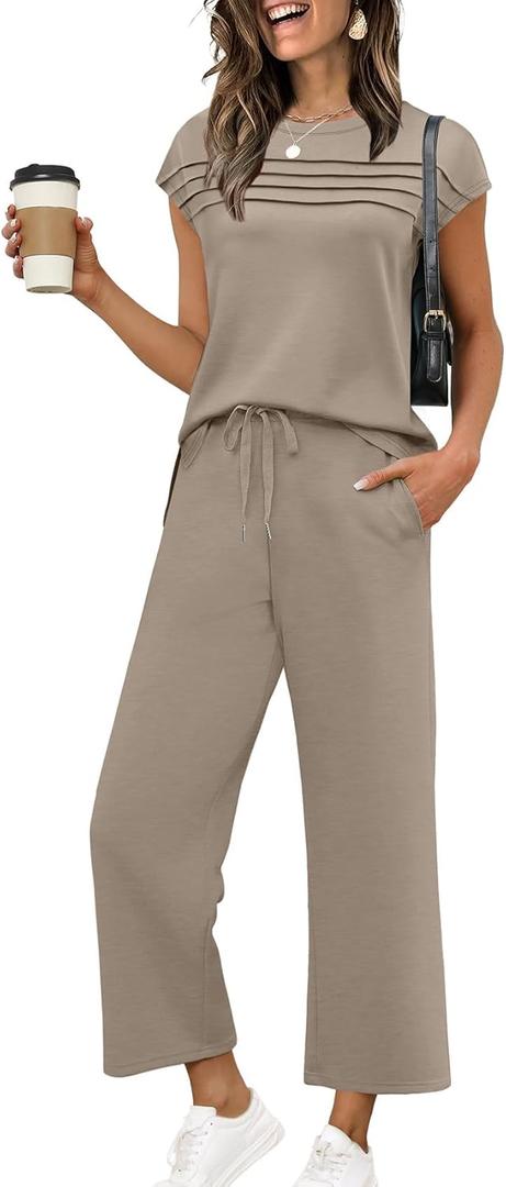 WIHOLL Workout Sets for Women 2 Piece Short Sleeve Summer Cruise Business Casual Outfits 2025 Going Out Two Piece Sets Women's Clothing Country Concert Crew Neck Tracksuits Coffee XL 