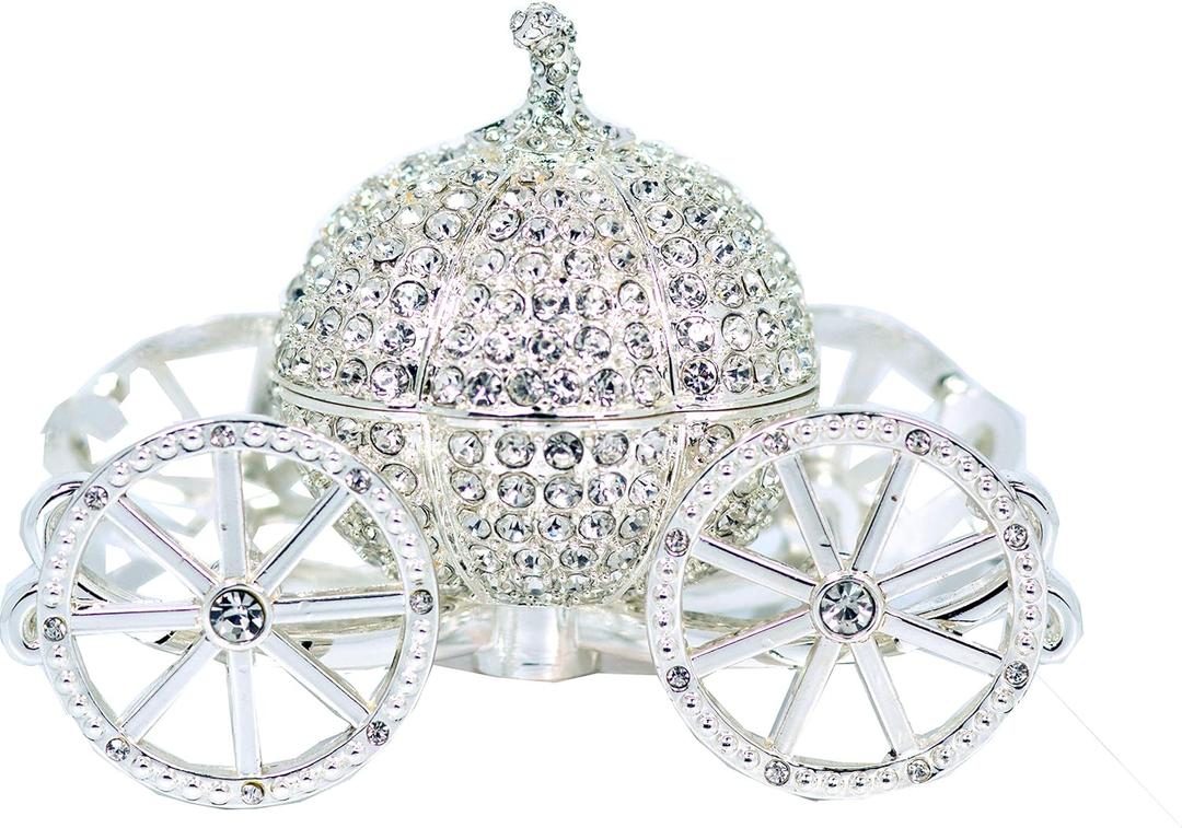 VI N VI Silver Rhinestone Princess Cinderella Crystal Pumpkin Carriage Trinket Box, Jewelry Box/Hand Painted Collectible Figurine and Decorative Jewelry Display, Holder, and Organizer