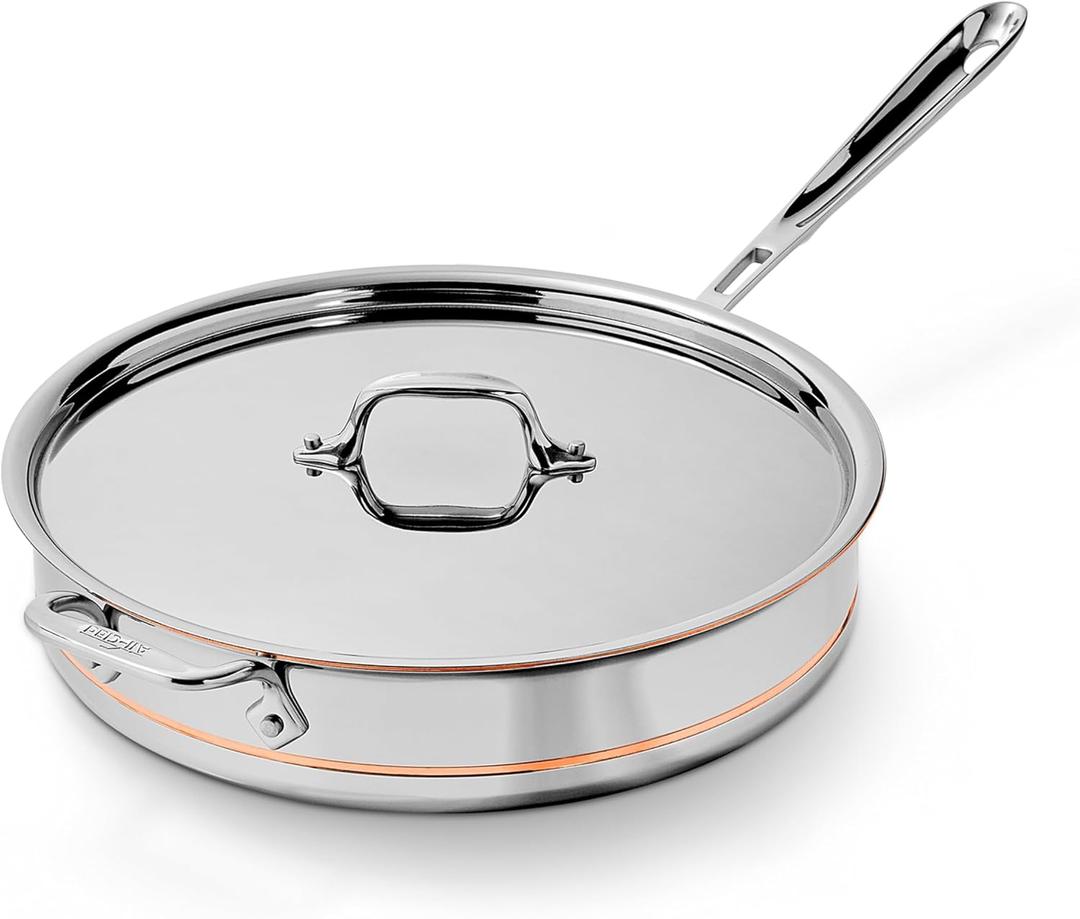 All-Clad Copper Core 5-Ply Stainless Steel Sauté Pan with Steel Lid 5 Quart Induction Oven Broiler Safe 600F Pots and Pans, Cookware Silver