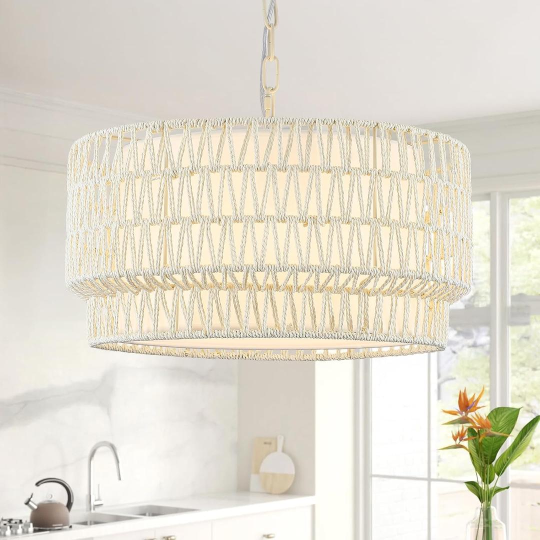 18 Rattan Chandelier Light Fixtures, 3-Light Dining Room 2-Tier Bohemian Coastal Woven Modern Hanging Drum Lighting with Fabric Shade for Living Room Kitchen Island Entryway Hallway (White) 18 Rattan Chandelier Light Fixtures, 3-Light Dining Room 2-Tier Bohemian Coastal Woven Modern Hanging Drum Lighting with Fabric Shade for Living Room Kitchen Island Entryway Hallway (White)
