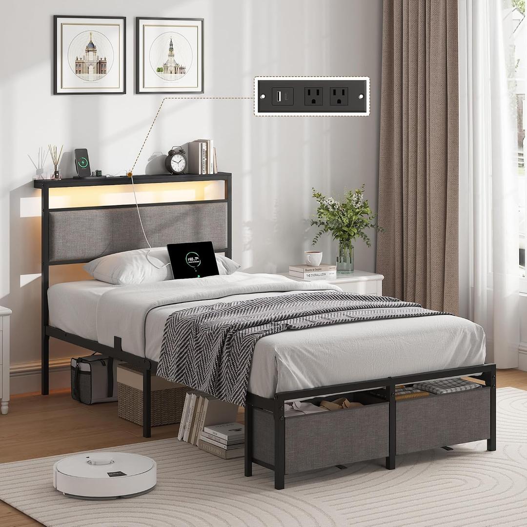 Twin Size Storage Bed Frame with 2 Drawers & Charging Station