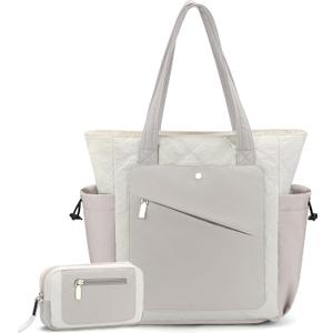EIMMBD Tote Bag for Women, Puffer Bag Work Bags with Zipper for Travel, Quilted Nurse Laptop Handbags (Beige)