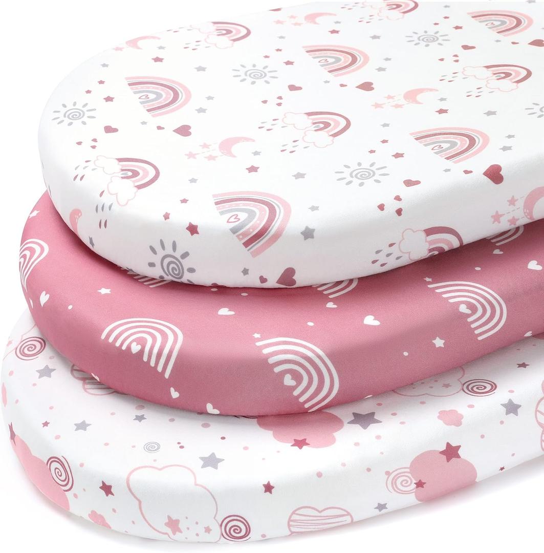 Baby Bassinet Sheets, 3 Pack Fitted Bassinet Mattress Sheets, Compatible with Halo Bassinest Swivel Sleeper & Oval Hourglass Rectangle Mattress, Ultra Soft Pink Rainbow (32 x 16)
