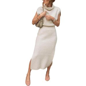 JuJuny Sweater Dress for Women Sleeveless Pullover Sweaters Ribbed Knit Midi Dress with Side Slit Fall Winter Wear (XX-Large, Apricot)