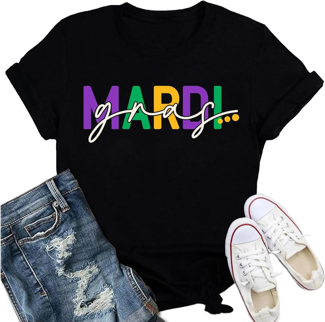 Mardi Gras Shirt for Women Fat Tuesday Parade T-Shirt New Orleans Carnival Party Tshirt (Large, Black)