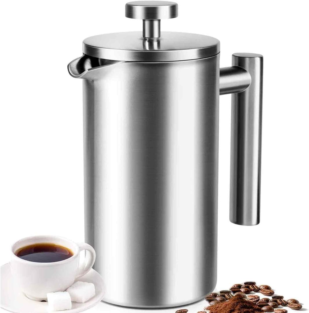 French Press 34 oz, Full Stainless Steel French Press Coffee Maker 4 Cups, Upgrated DoubleWalled Insulated French Coffee Presses, Food Grade Good for Kitchen Camping, Dishwasher Safe 2 More Filters