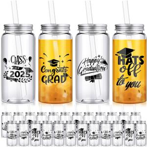 24 Pcs Graduation Cups with Straws Bulk 13.5 oz Class of 2025 Plastic Mason Jars Reusable Tumbler Coffee Tea Hot Cocoa Beverage Happy Graduation Tumbler for Congrats Grad Party Gifts(Black)