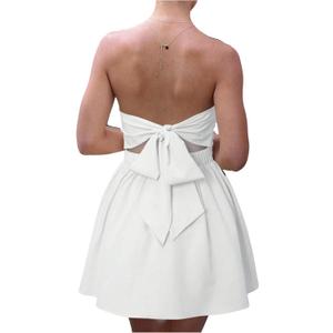 MakeMeChic Women's Strapless Backless Mini Dress Summer Ruffle Tube Bandeau Shorts Dress with Bow (White, M)