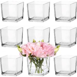 CONNOO 9 Pack Square Glass Vase 4" x 4" x 4", Clear Bulk Flower Vases for Centerpieces, Square Glass Cube Vase Floating Candle Holders for Wedding Party Home Decor