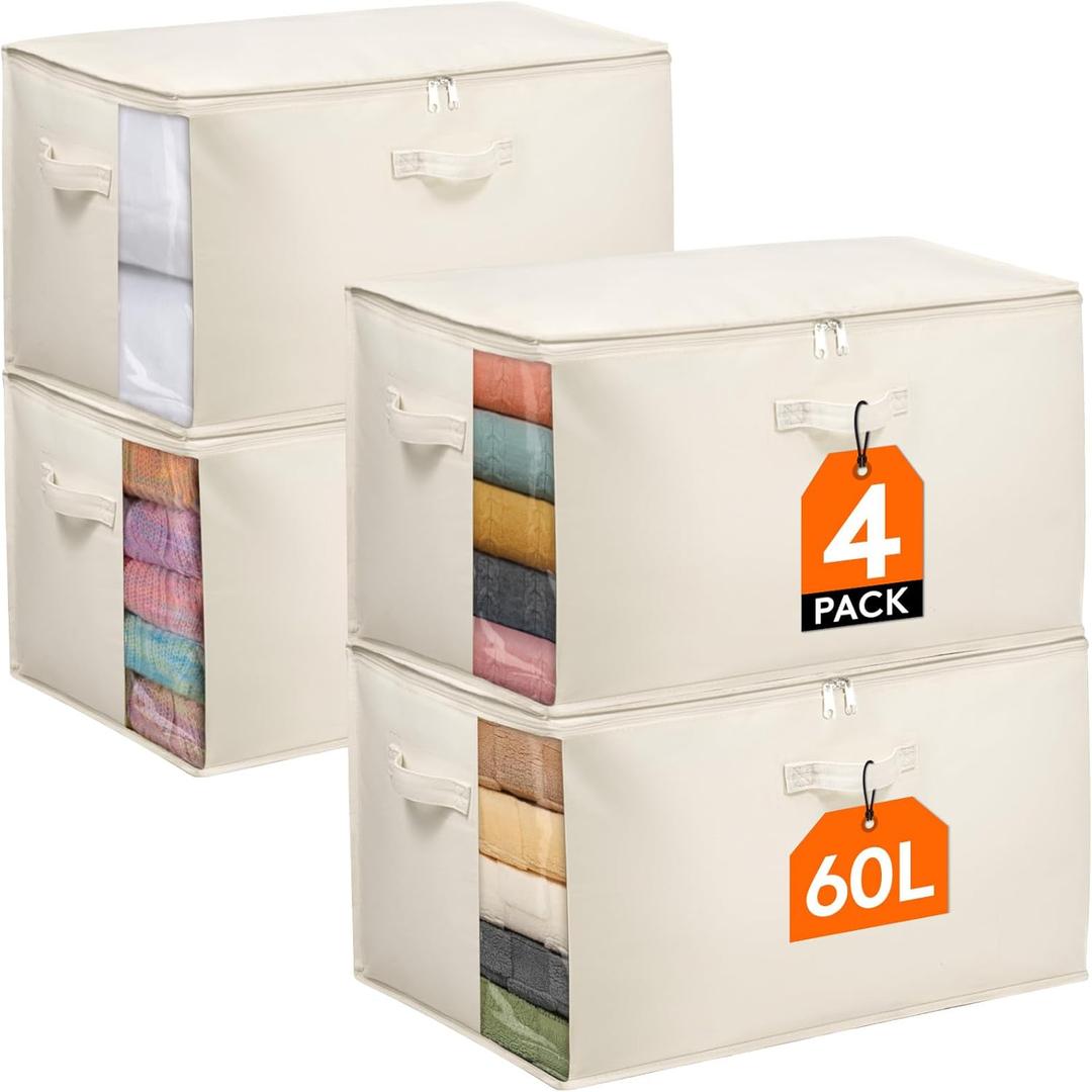 Lifewit 4 Pack Canvas Blanket Storage Bags for Clothes, 60L Cotton Linen Comforter Storage Organizer with Zipper and Three Sturdy Handles, Moving Bags Containers for Sweaters, Pillows, Duvets, Bedding