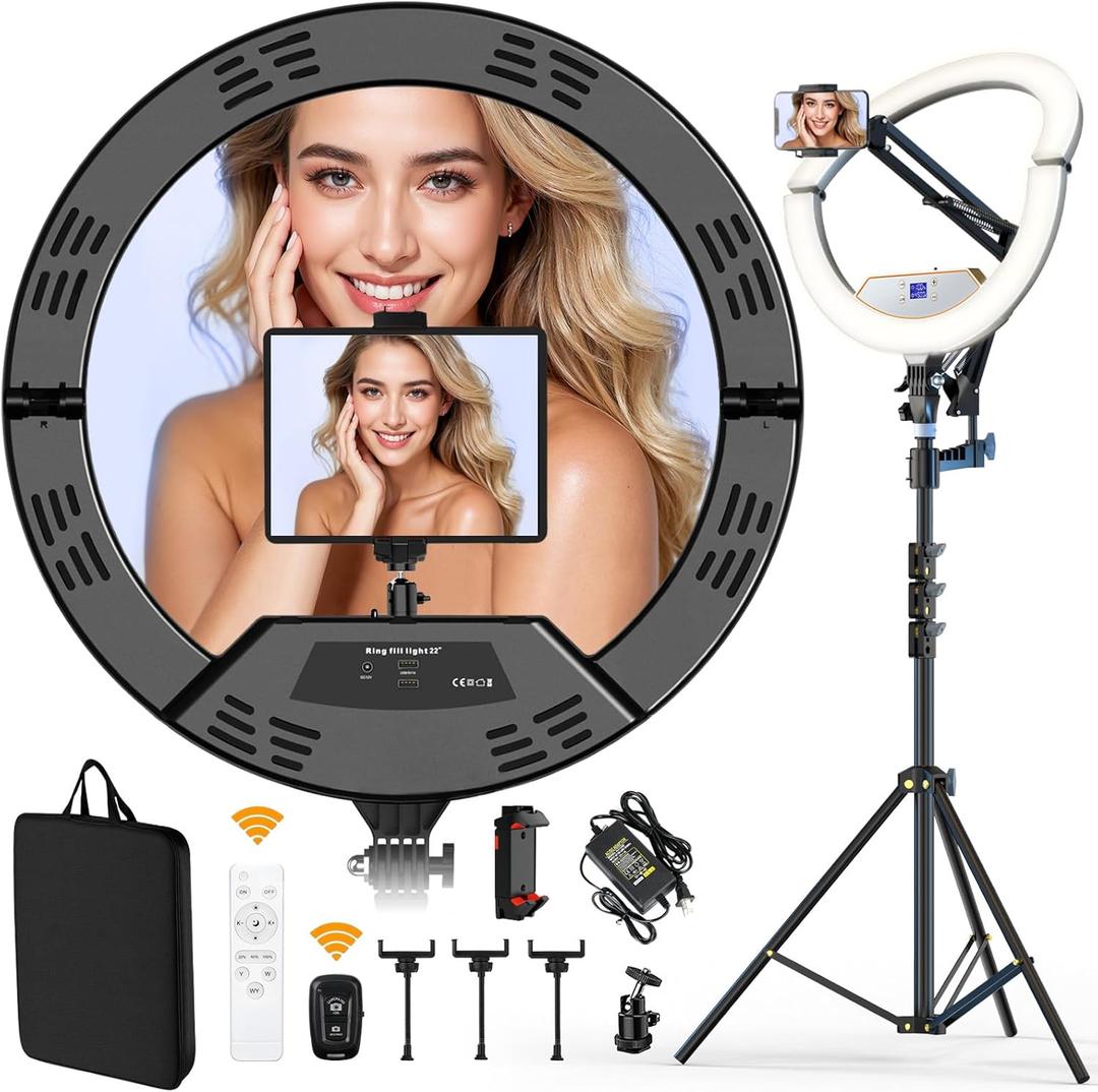 22" Foldable Large Ring Light with Stand for iPhone iPad,75" Tripod with Overhead Shooting Bracket 50W 6500K 4 Clips/LCD Display/2 USB PortsTattoo Barber Makeup Studio Video Photography Lighting