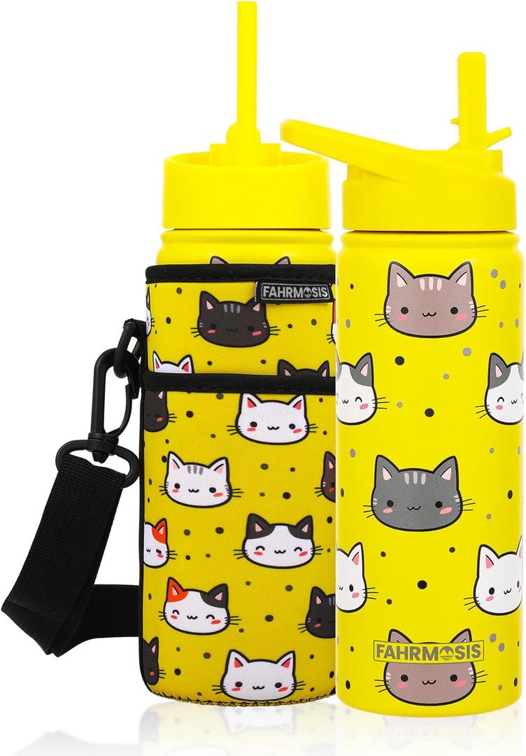 18 OZ Kids Water Bottle with Carrier Bag & Strap Leak Proof Metal Insulated Stainless Steel Tumbler with 2 Lids (Flip & Spout) for School & Sports Water Bottle with Straw - Yellow (Cat)