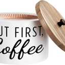 Coffee Filter Holder with Solid Wood Lid - But First, Coffee Farmhouse Storage Canister | Fits Basket, Cone and Flat Bottom Filter Types - Organizer for Counter and Bar Decor (White)