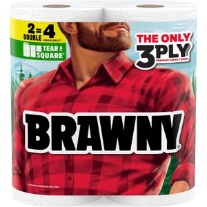 Brawny Tear-A-Square 3-Ply Paper Towels, 2 Double Rolls = 4 Regular Rolls, Strong, Absorbent, and Durable with 3 Sheet Sizes (Quarter, Half, Full)