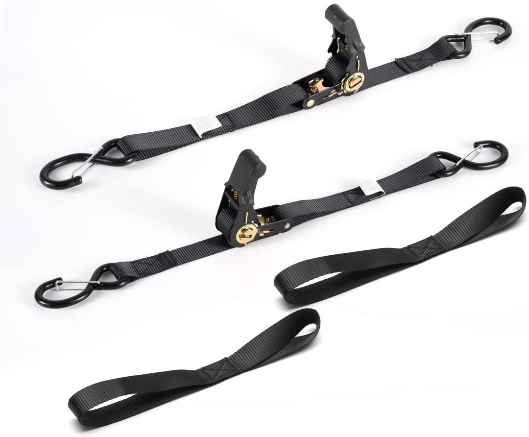 Boat Trailer Transom Ratchet Tie Down Straps Short with Latching Hooks and Soft Loop 2400 LBS, Safety Nylon Straps with Ratchet Buckle to Secure Transport Boat, Pontoon, Jet Ski, PWC, Kayak Motorcycle (Black)