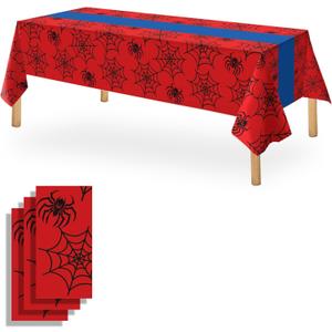 OQOQ Spider Birthday Party Tablecloth (3 Packs), 108x54 inches Red Blue Spider Web Plastic Disposable Table Cover Rectangular Tablecloth for Boys Birthday Party Decorations Supplies