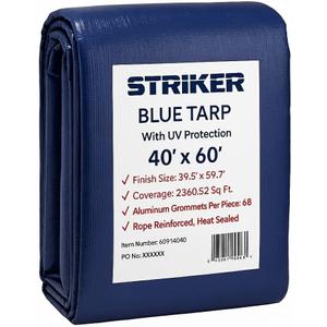Striker All Purpose PE Cover with UV Protection, Rust-Resistant Grommets, and Rope-Reinforced Edges (Blue, 40' x 60')